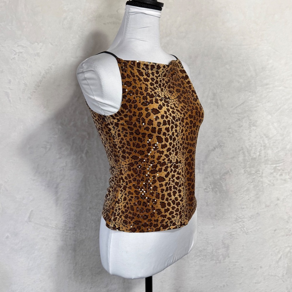 Y2K Leopard Print Crop Top Sequins M Fits S XS Fitted Cami‎ Mob Wife Glam Party - Picture 3 of 13